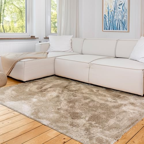 Astra Hochwertiger Teppich Wohnzimmer, Schlafzimmer - Kuscheliger Hochflorteppich weich - Weicher Bodenbelag für Innen - Teppich Marmor beige, 80x150 cm