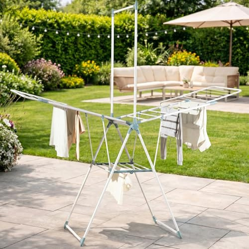 OHS Clothes Airer X Winged Foldable Clothes Drying Rack with Hanging Rail Indoor Outdoor Clothing Drying Rack Height Adjustable Large Stainless Steel Laundry Racks, White