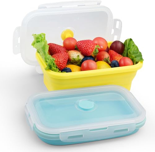 Geroony Faltbare Brotdose,2 Stück 800ML Faltbare Tupperdosen Set,Silikon Frischhaltedosen mit Deckel für Lebensmittelaufbewahrung, Meal Prep Boxn