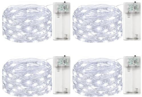 ALEGRE 4 Stk Led Lichterkette Batterie mit Timer, 2M 20 LED Micro Kupferdraht LED Lichterkette mit Timer, Kaltes Weiß Lichterketten Innen Batteriebetrieben für Weihnachten,Halloween,Silvester,Hochzeit