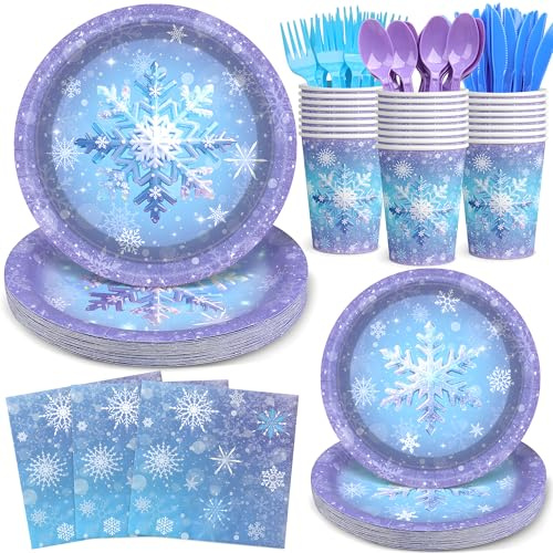 175Pcs Snowflake Paper Plates and Napkins Set - Blue Purple Christmas Themed Paper Plates, Cups, Napkins Cutlery for Winter Wonderland Holiday Decorations Birthday Wedding Party Supplies for 25 Guests