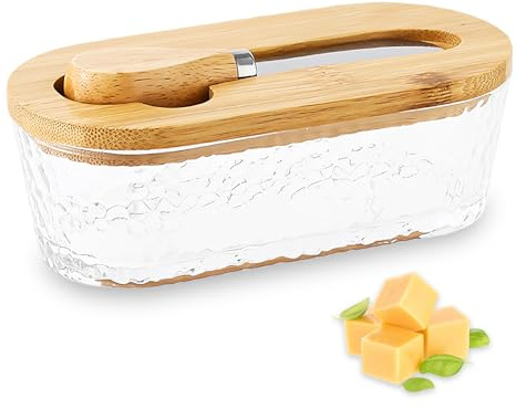 Hammered Glass Butter Dish with Wooden Lid, Oval Butter Keeper