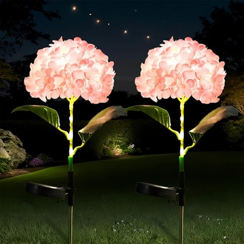 Eidoct Lot de 2 lampes solaires de jardin, lampes solaires d'extérieur en forme d'hortensia rose, lumières décoratives d'extérieur étanches, adaptées pour pelouses, terrasses, parterres de fleurs