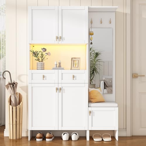Ojjxh Garderobenset Wandgarderobe, Flurgarderobe Set mit Schuhbank und Sitzkissen, Garderoben Set mit 3 Haken, 2 Schubladen und 5 Türen, Kompaktgarderobe, Flurschrank mit Spiegel, Weiß, 120x33.5x180cm