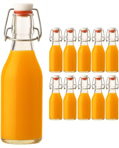 hocz 10x leere Bügelflaschen 250ml zum Befüllen Weiß - kleine Flaschen mit Bügelverschluss - 10er Bügel Glasflaschen Set für Saft, Getränke, Likör, Öl, Saucen - 10 Stück, 250 ml, Weiß, Rund