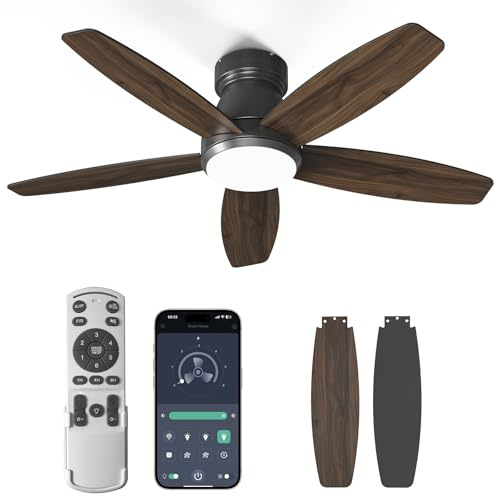 Deckenventilator mit Beleuchtung 107 cm 5 Blätter Deckenventilator mit Fernbedienung 6 Gänge Ultraleiser Reversibler Gleichstrommotor Dimmbare LED Doppelseitige Flügeln für Schlafzimmer Wohnzimmer