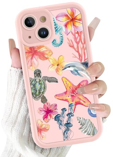 Yoedge Cute Pink Ocean Phone Case for iPhone 15 6.1'', Summer Marine Life Turtle Starfish Pattern Design Case, Shockproof Slim Cover with Camera Protection for Women Girls