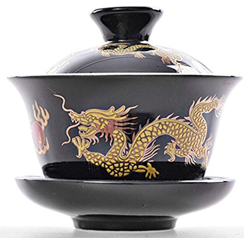 YBK Tech Porzellan Kung Fu Teetasse und Untertasse mit Deckel, Chinesische Traditionelle Gaiwan Sancai Teeschale, Tee-Set, Drachenmuster (schwarz)