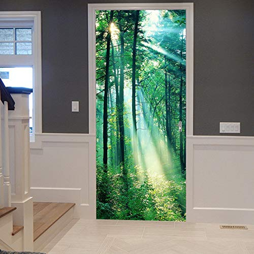 A.Monamour Türtapete Selbstklebend Türfolie Türposter 3D Sonnenstrahl Durch Grüne Bäume Wald Sonnenaufgang Naturlandschaft Vinyl Folie Türdeko Tapete Wandbild Türaufkleber Türtattoo 90 x 200 cm