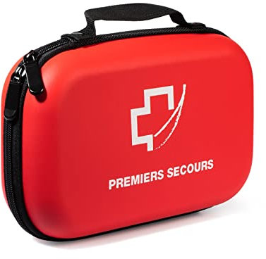 Trousse premier secours MADE IN FRANCE -Gel hydroalcoolique OFFERT- premier soin + couverture de survie/rouge coque étanche idéal sac à dos/voiture/voyage/travail/sport/loisir/maison/enfants