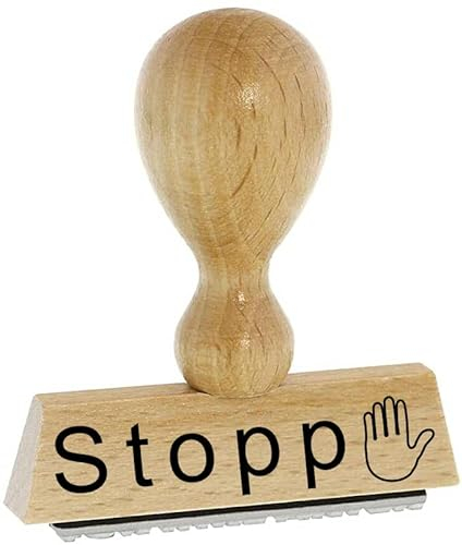 Sprüche-Stempel – Stopp- von Kaufhaus 2010 aus Holz & Gummi, zum Bestempeln von Schriftstücken aller Art, Gruß- und Glückwunschkarten, Textilien und vieles mehr. 4 cm lang