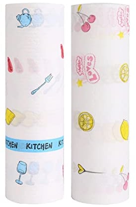 2 rollos de toallitas de limpieza reutilizables con diseño impreso, paños de limpieza desechables, trapos de cocina, para lavar