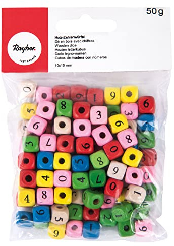 Rayher Holz-Zahlen-Perlen, Würfel, FSC zertifiziert, 10 x 10 mm, bunt gemischt, 4seitig scharze Zahlen, Beutel 50 g, Perlen für Schmuck und zum Basteln, 12242999