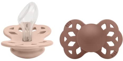 BIBS Infinity Anatomischer Schnuller Zweierpackung, bisphenol-A frei, anatomischer Silikonsauger, Kiefergerechte Form. Silikon, 6-18 Monate (2er Pack), Blush/Woodchuck