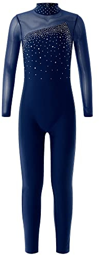 TTAO Mädchen Langarm Turnanzug Glänzend Eiskunstlauf Body Jumpsuit Sportbody Gymnastikbody mit Strass Rückenfrei Ganzkörper Gymnastikanzug Dancewear Marineblau 146-152