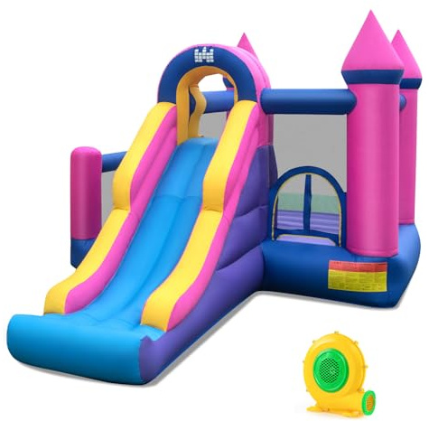 COSTWAY Inflatable Bouncy Castle, Kids Bounce House with 680W Blower, Slide, Basketball Hoop, Ball Pit, Blow Up Children Jumper for Indoor Outdoor
