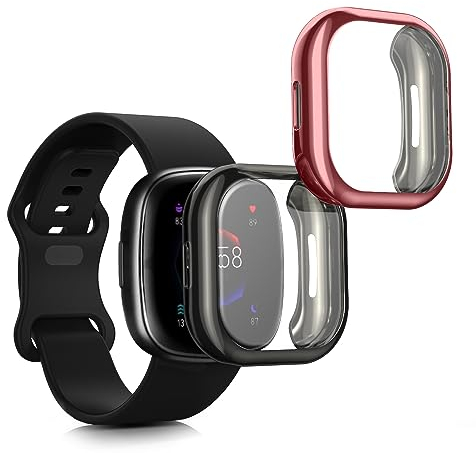 kwmobile Set 2X Custodia Smartwatch Compatibile con Fitbit Versa 4 / Sense 2 Cover - Case Silicone Protezione Orologio Fitness Nero/Fucsia
