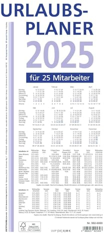Zettler - Urlaubsplaner 2025 weiß/blau, 100x29,7cm, Wandplaner mit 16 Monaten auf 1 Seite, für 25 Personen, gefalzt auf 14x29,7cm, Monatsübersicht und deutsches Kalendarium