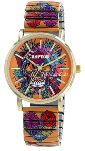 Raptor Damenarmbanduhr Frida Kahlo Edition mit Zugband (Mehrfarbig - Totenkopf mit Herzformen)