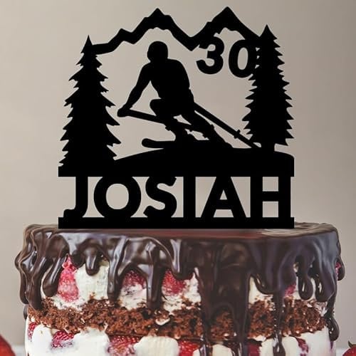 Skier Birthday Ski Personalized Man Winter Sports Mountain Cake Topper, Acylic or Wood for Funny Novelty 6-7.8 Inch