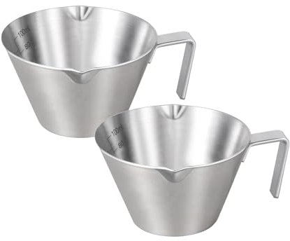 carrottimes 2Pcs Stainless Steel Espresso Cups, Espresso Shots Cup with Handle, Double Spout Metal Espresso Measuring Cup, V-Shaped Mouth Coffee Cup with Dual Scale (Silver), 3.4oz/100ml