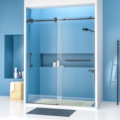 POTOUZHI Porte de douche coulissante sans cadre, 152,4 x 188 cm (l x H), porte en verre trempé transparent de 6,35 mm, film anti-explosion, matériel en acier inoxydable, noir mat