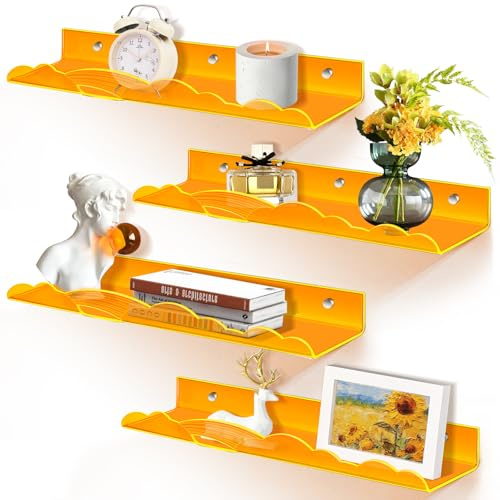 wooshwa Wandregal Regal Wand Schweberegal, Badezimmer Schwebendes, Orange | 40cm Wandregale Bad Regal Regalbrett Wall Shelf Wandboard Ohne Bohren für Wohnzimmer Küche Schlafzimmer Wände - 4 Stück