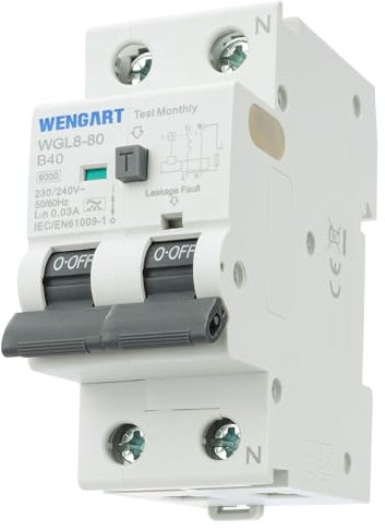 Wengat WGL8-80 Disjoncteur différentiel type A 6kA, CA 230V 40A, 1P+N 30mA Arrêt à un bouton Protection complète pour appareils électriques
