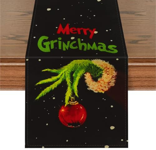 Weihnachten Tischläufer 33 x 183 cm, Leinen Weihnachts Tischläufer Leinen Tischwäsche, Küche Tischdecke Esstisch Tischdeko Tischband Dekoration für Drinnen und Draußen Urlaub Party(Schwarz)