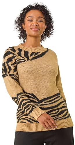 Roman Originals Thick Jumper for Women UK - Ladies Winter Autumn Smart Casual Knit Knitted Knitwear Pull-On Round Crew Neck Long Sleeve Work Office Dinner Party - Petite Stone - Size 16