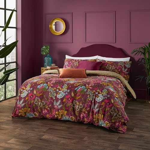 furn. Wylder Viranai Duvet Cover Set – Textured Slub Cotton Rich Floral Bedding (Lake Cerise – Single – 137x200cm)