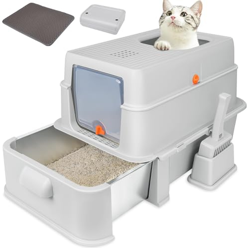 GOYJOY Cajas de arena cerradas de acero inoxidable para gatos, caja de arena plegable grande con tapa, caja de arena de acero inoxidable cubierta con capucha, fácil limpieza, sin fugas de orina