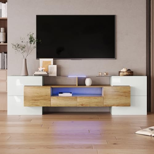 Ktipm Mueble TV de Alto Brillo de Hasta 80 Pulgadas, Muebles de Salon Muebles TV con Iluminación LED y Estante de Vidrio, Mueble para TV Moderno con 6 Puertas y 2 Cajones, 200x35x60 cm, Natural+Blanco