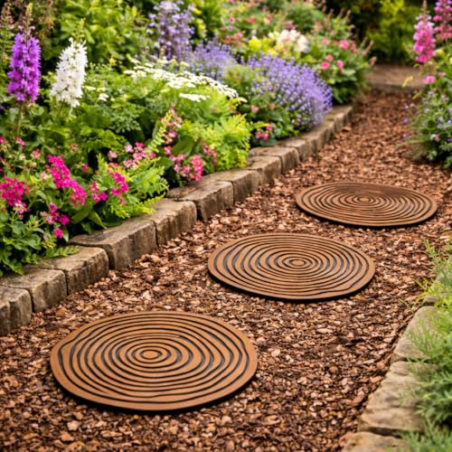 Garden Stepping Stones Set of 3 – 31cm Round Recycled Rubber Stepping Stones for Lawn and Grass, Lightweight Tree Stump Effect Outdoor Path Stones, Weatherproof
