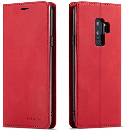 EYZUTAK Hülle für Samsung Galaxy S9 Plus, Magnetverschluss Premium PU Leder Flip Case mit Kartenfächern Brieftasche Standfuntion stoßfeste Silikonhülle Retro Ledertasche - Rot