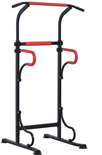 HOMCOM Station de musculation multifonctions barre de traction chaise romaine hauteur réglable acier noir rouge
