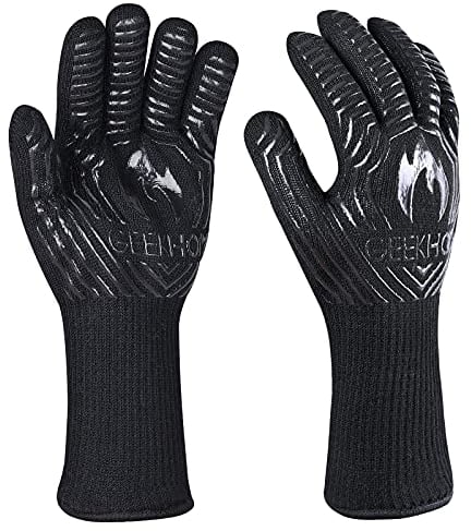 GEEKHOM BBQ Gloves, 800 ℃ / 1472 ℉ Heat Resistant Gloves EN407Certified 13 Inch Kitchen Gloves Professional Weber Fireplace Barbecue Accessories for Cooking Grilling, Baking, Black