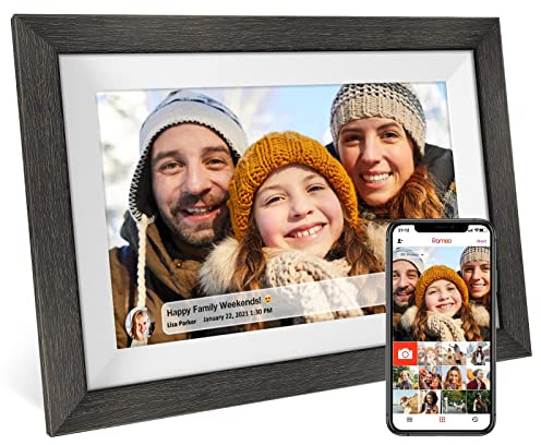Frameo 10.1 inch Digital Picture Frame WiFi Smart Digital Photo Frame Wood IPS HD 1280 * 800 1080P Touch Screen Auto-Rotate Easy Setup to use Free Share Photos and Videos Gift for mon Father Women