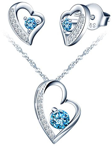 Yumilok Schmuckset Damen 925 Sterling Silber Halskette & Ohrringe Set, Herz Anhänger mit 45cm Kette & Ohrstecker mit blau Zirkonia für Mädchen
