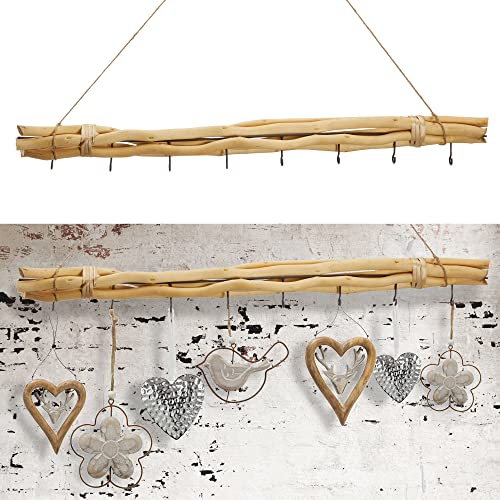 Dekostange Astbündel | Holzstange 80cm naturfarben mit Juteseil 8 Metalhaken | Dekostange | (1 x Dekostange 80cm Natur)