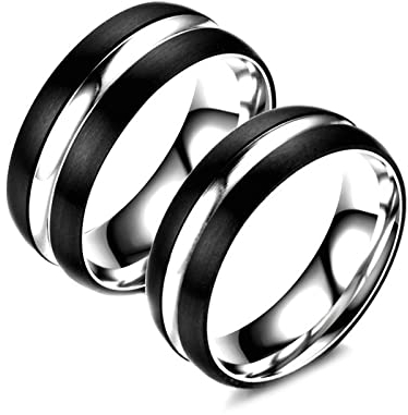 Beydodo Edelstahl Ringe Verlobung mit Gravur, Silber Schwarz Ringe Paare ohne Stein Glatt Bandringe Eheringe Partnerringe für 2 Damen Gr.54 (17.2) + Herren Gr.57 (18.1)