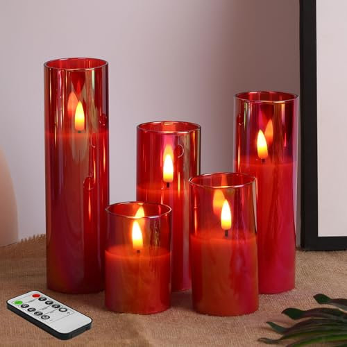 Eywamage Red Glass Flameless LED Candles with Remote Timer, Flickering Battery Operated Valentine Pillar Votive Candles Set of 5
