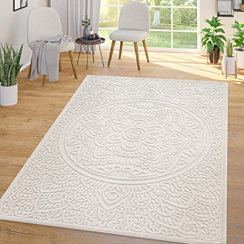 TT Home In-& Outdoorteppich Wetterfest Balkon Schlafzimmer Boho Skandi Motiv Unifarben Geometrische Optik Moderner Style, Farbe:Creme 3, Größe:60x100 cm