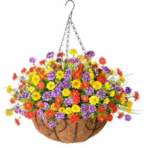 Künstliche Hängeblume im Korb, hängende Blumen, Tafelaufsätze, künstliche Gänseblümchen mit Kokosnussfutter, Hängekörbe für die Dekoration des Innenhofs (gemischte Farbe)