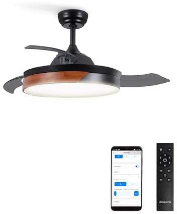 CREATE / WIND CLEAR M/Ventilador de techo con luz negro madera oscura con mando y Wifi / 40W, Ø108 cm, temporizador, 6 velocidades, aspas retráctiles, 3 temperaturas de luz, función verano-invierno