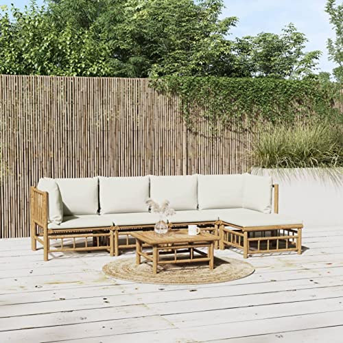 Yolola Gartenmöbel Set Bambus Gartenlounge mit Cremeweißen Kissen Loungemöbel Terrasse Garten Lounge Sofa Outdoor Ecksofa Garten Set Sitzgruppe Garten Sofagarnitur Lounge Set Terassenmöbel 6-TLG#2