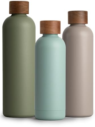 T&N Edelstahl Trinkflasche 500ml, Thermosflasche 0.5l mit Akazienholz Deckel, Isolierte Wasserflasche auslaufsicher bei Kohlensäure, Isolierflasche 500 ml - Aqua Turquoise