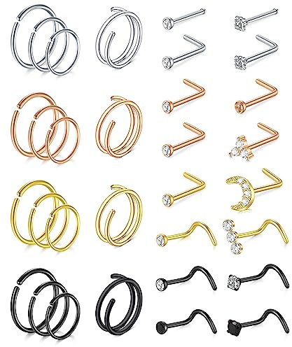 MODRSA Nose Rings - Surgical Steel, 20g, Double Hoop Nose Piercings for Women & Men