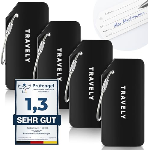 Travely Premium Kofferanhänger - leicht Erkennbar, Robust & Sicher - inkl. Namensschild und Privatsphäre Schutz I Vielseitig und Praktische Adressanhänger, Namensanhänger & Gepäckanhänger