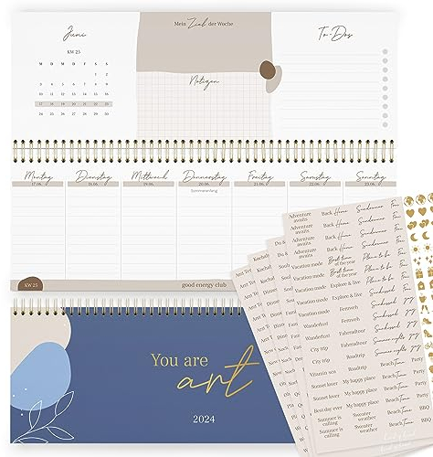 KIND OF HAZEL® Tischkalender 2024 Blau + Sticker Set I Tischkalender 2024 Quer mit To Do Listen & Notizen I Hochwertiger Stehkalender Wochenplaner mit Goldfolienprägung | Schreibtisch Kalender 2024